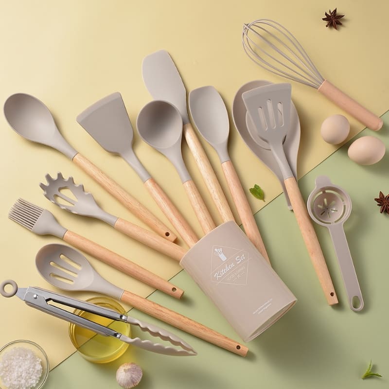 Kit Utensílios de Cozinha 14 Peças Silicone Com Organizador Dechouzz