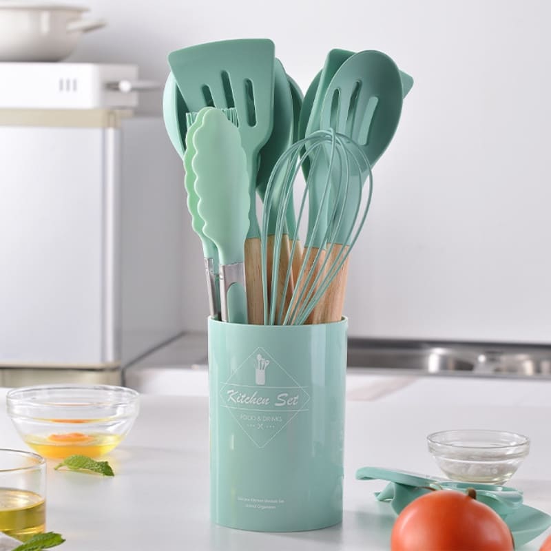 Kit Utensílios de Cozinha 14 Peças Silicone Com Organizador Dechouzz