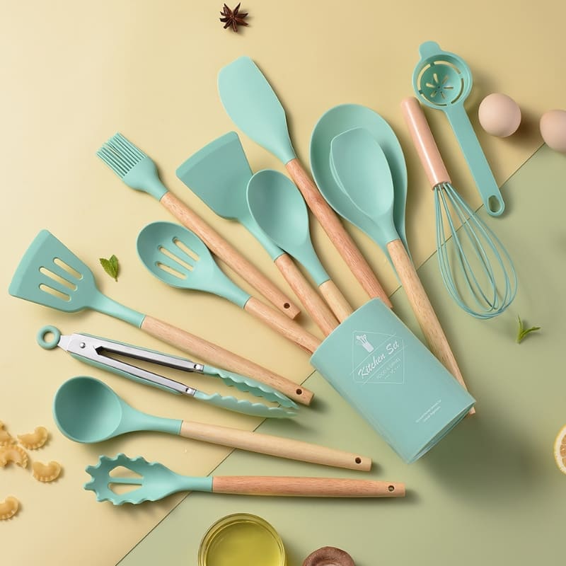 Kit Utensílios de Cozinha 14 Peças Silicone Com Organizador Dechouzz