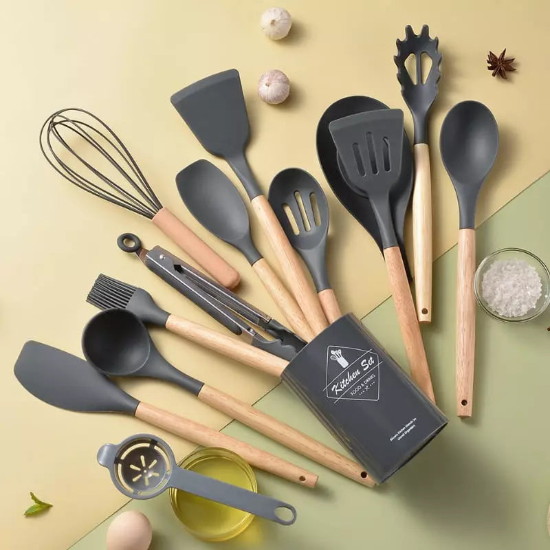 Kit Utensílios de Cozinha 14 Peças Silicone Com Organizador Dechouzz