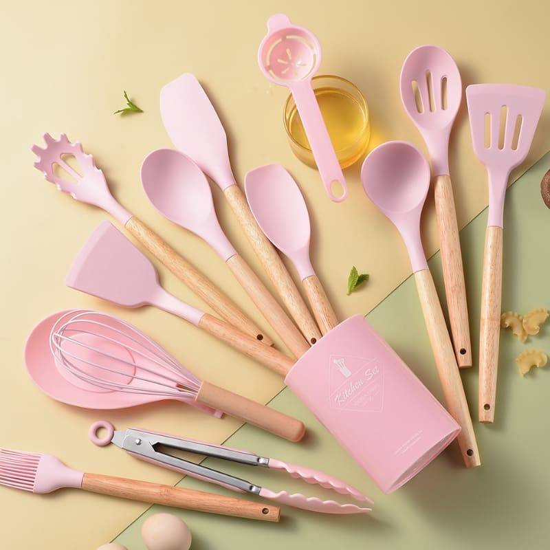 Kit Utensílios de Cozinha 14 Peças Silicone Com Organizador Dechouzz