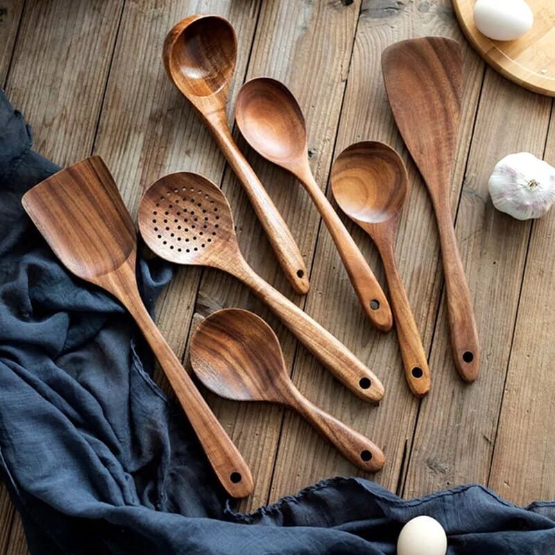 Kit Utensílios de Cozinha 7 Peças de Madeira