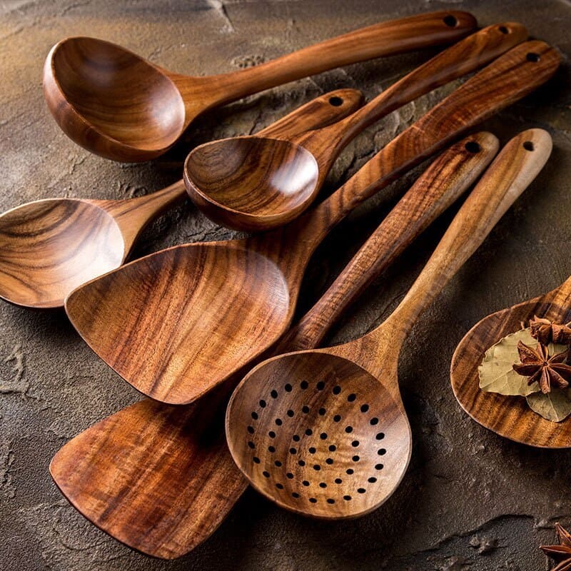 Kit Utensílios de Cozinha 7 Peças de Madeira